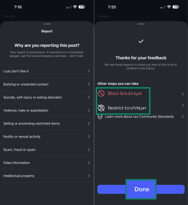 List of reasons for blocking an Instagram post.