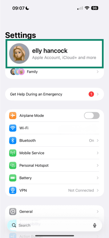 iPhone Apple ID settings.