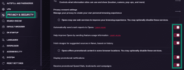 Privacy and security and opt-out privacy features on Opera GX.
