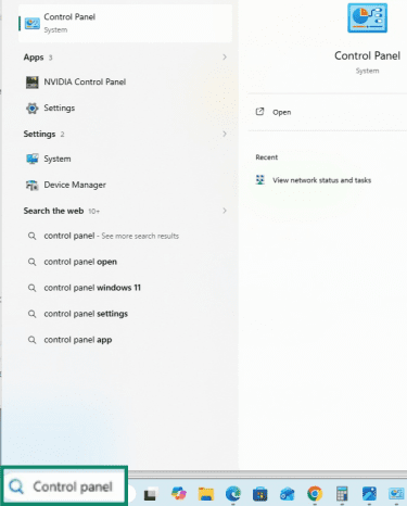 Control panel is typed in the Windows search bar.