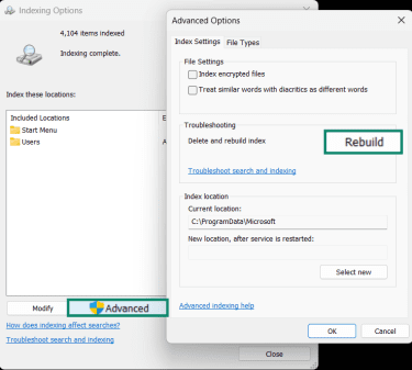 The advanced Windows Indexing Options are open, with the Rebiild button highlighted.