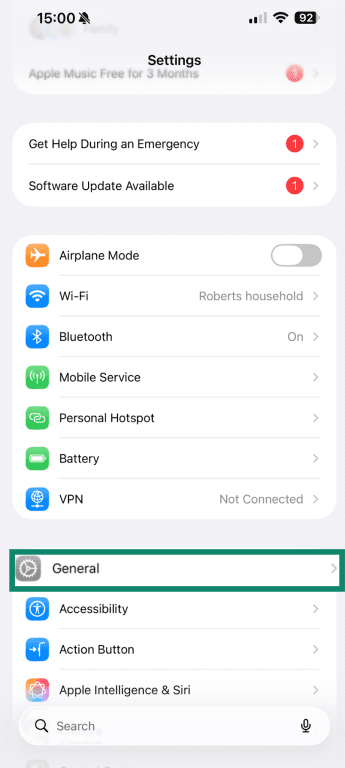 iPhone general settings.