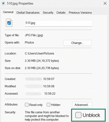 JPG file Properties window showing the Unblock checkbox under Security.