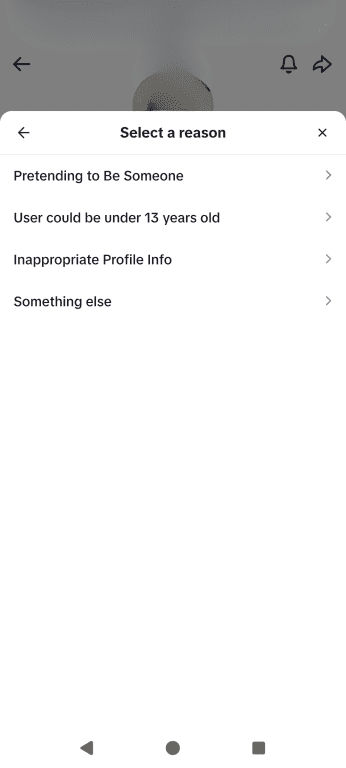 The TikTok report screen, showing the various options for reporting someone.