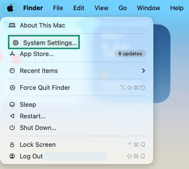 The Mac menu, showing the system settings button.