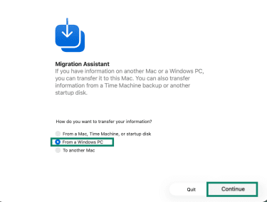 The Apple Migration Assistant, showing the option to transfer from a Windows PC.