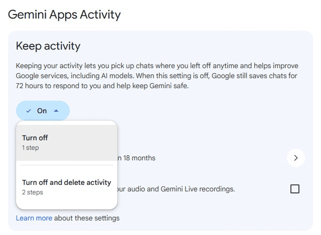 Gemini Apps Activity with the dropdown menu for turning off Keep Activity open.