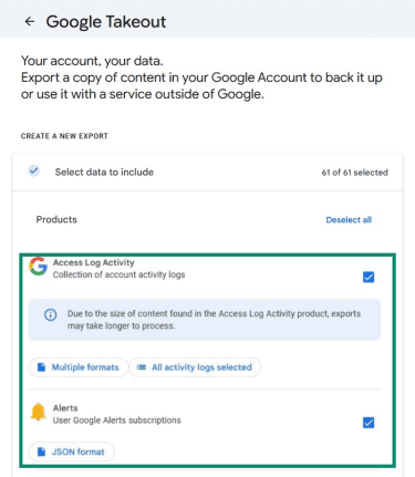Google Takeout page.