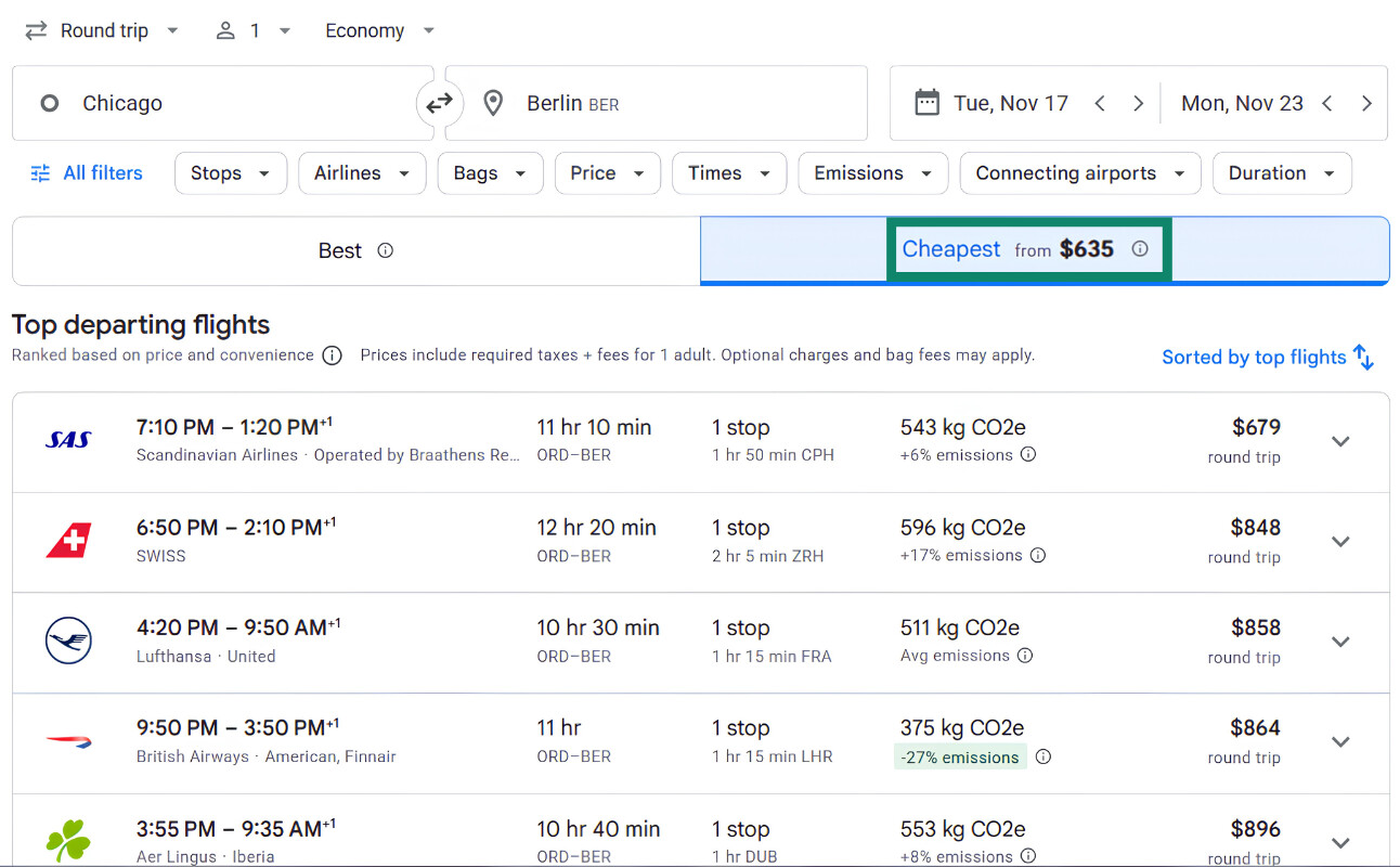 Google Flights showing the "Cheapest" option.