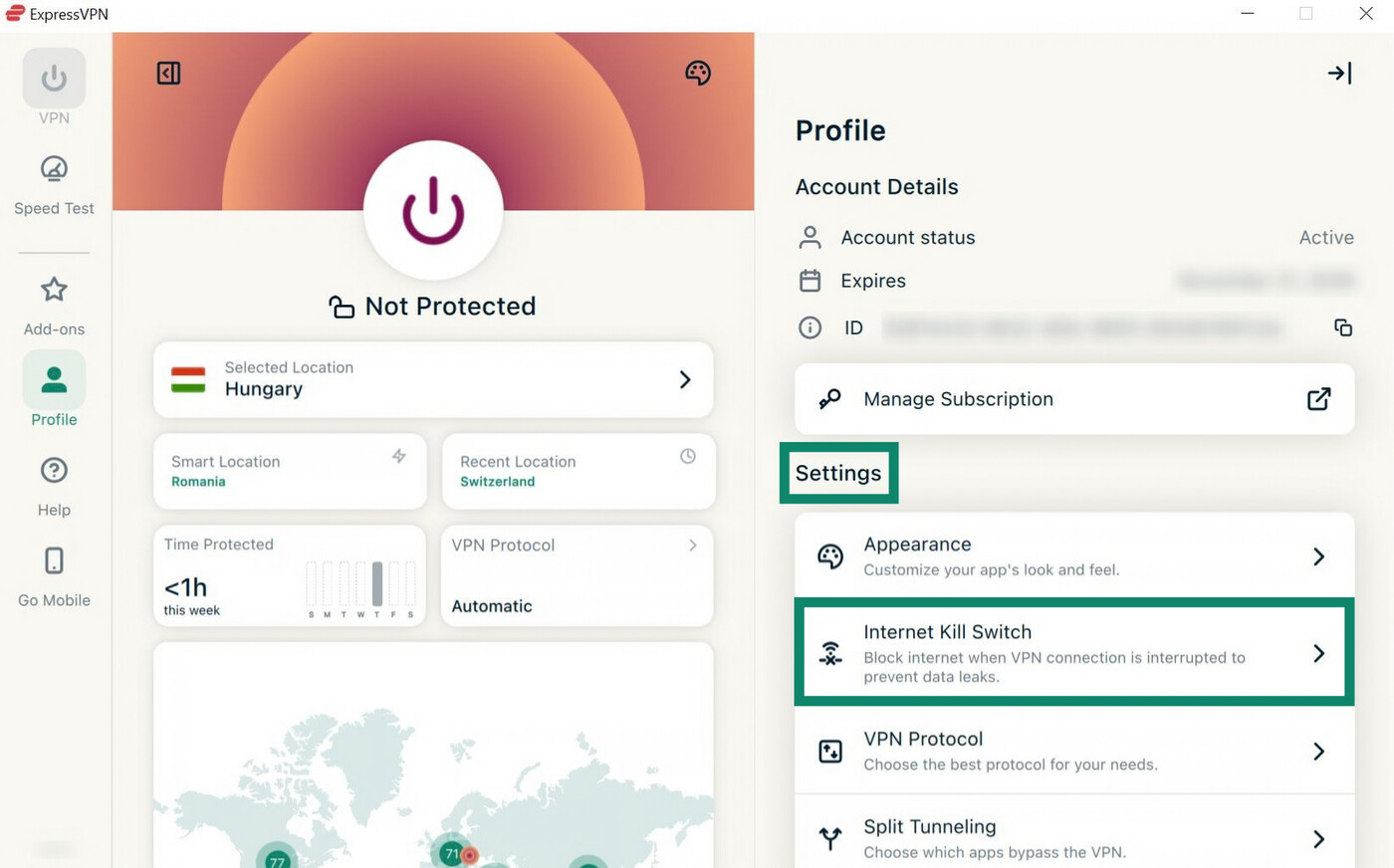 ExpressVPN Windows app interface, showing the profile tab. The "Settings" heading and "Internet Kill Switch" option are highlighted.