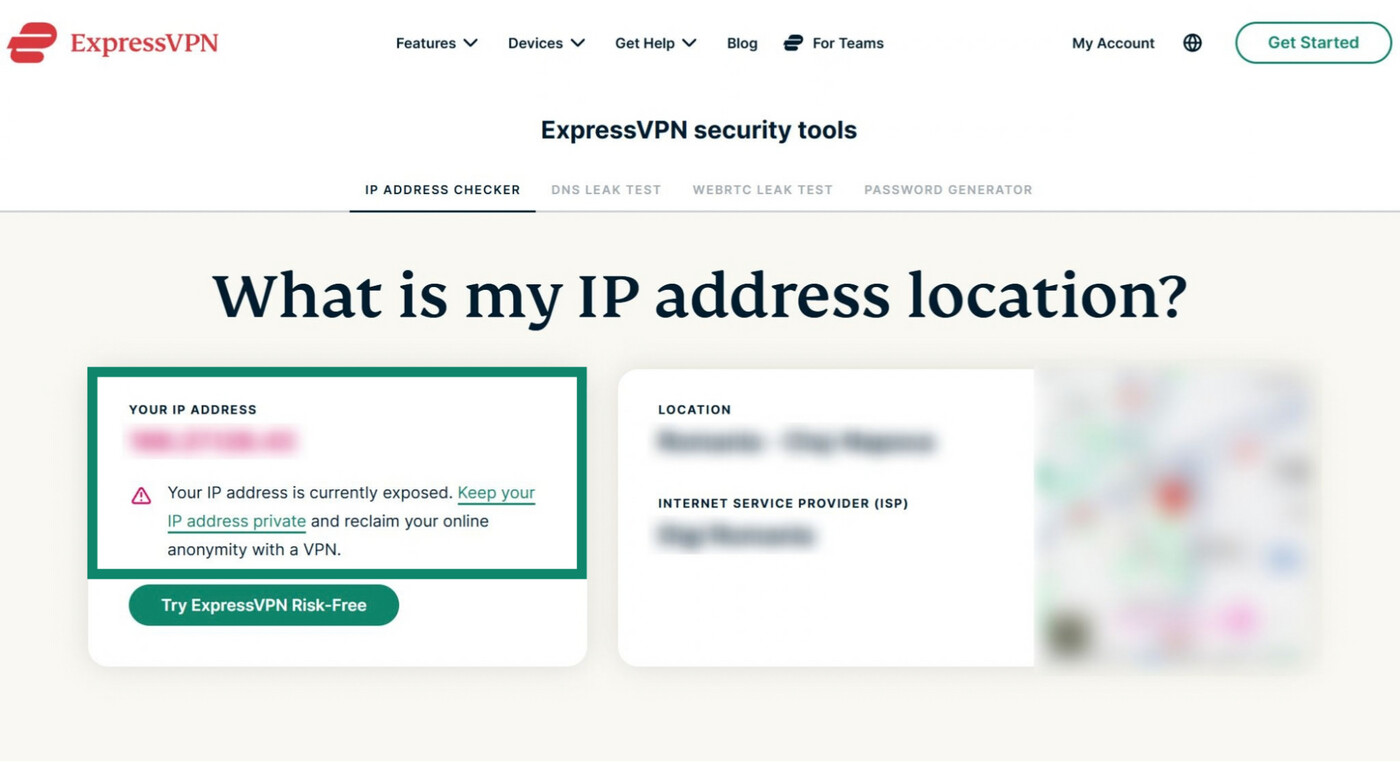ExpressVPN IP checker tool page, showing a highlighted IP address.