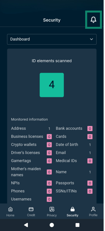 The Identity Defender Security tab, highlighting the bell icon up top.