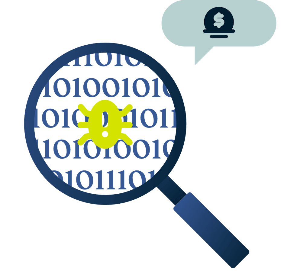 Увеличительное стекло над багом и символ награды.