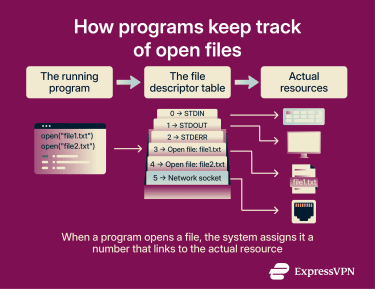 Three-step horizontal flow, showing how a file descriptor works.